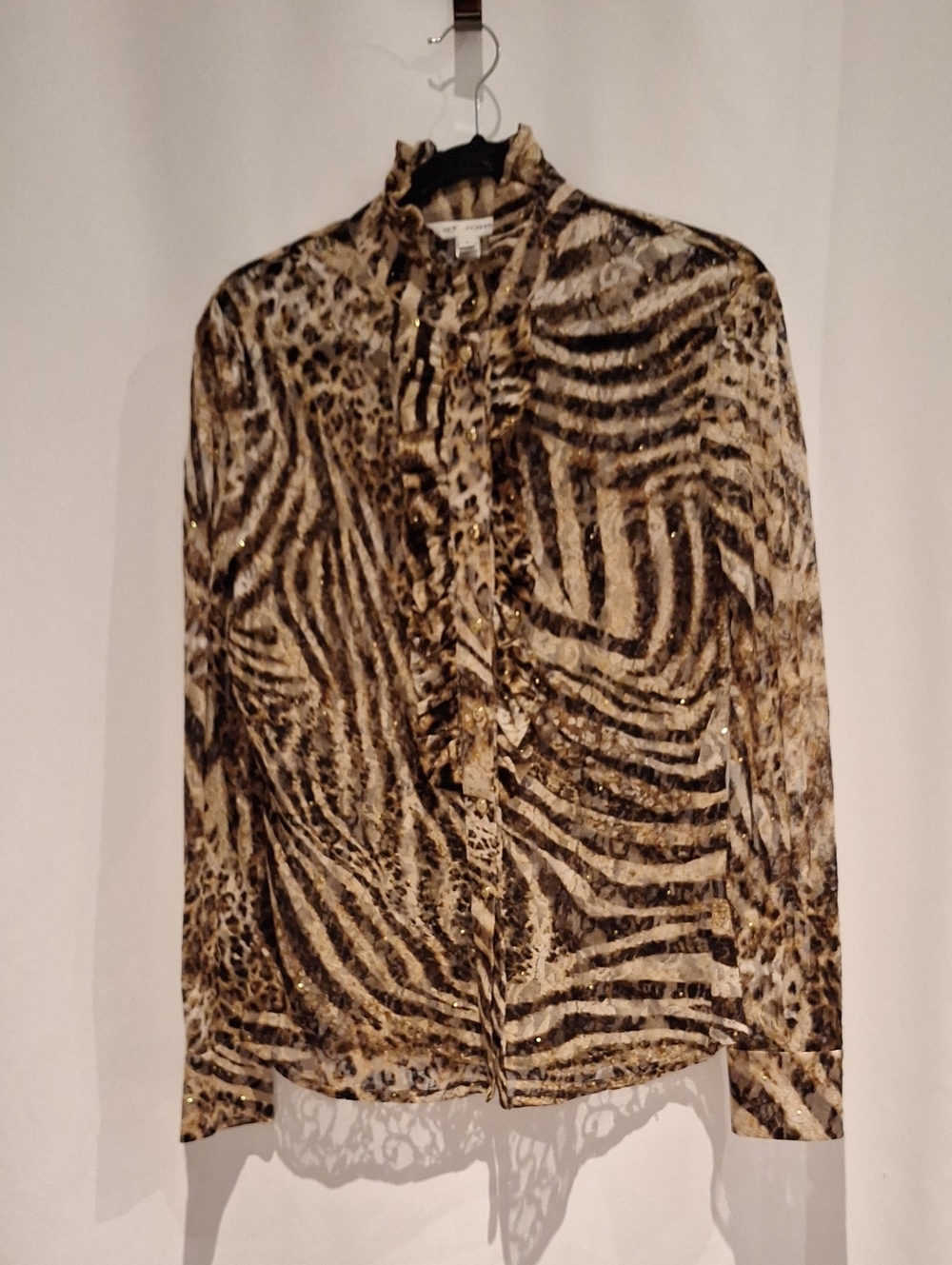 St. John Animal-Print Ruffled Button-Front Blouse - Brown/Black
